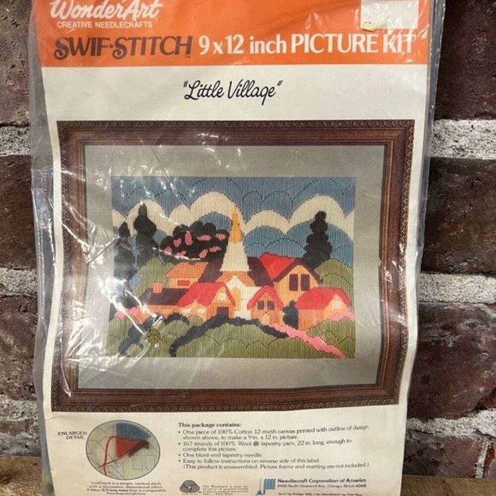 Wonder Art Swift Stitch Needle Craft Little Village Kit 9”x12”” Vtg NIP